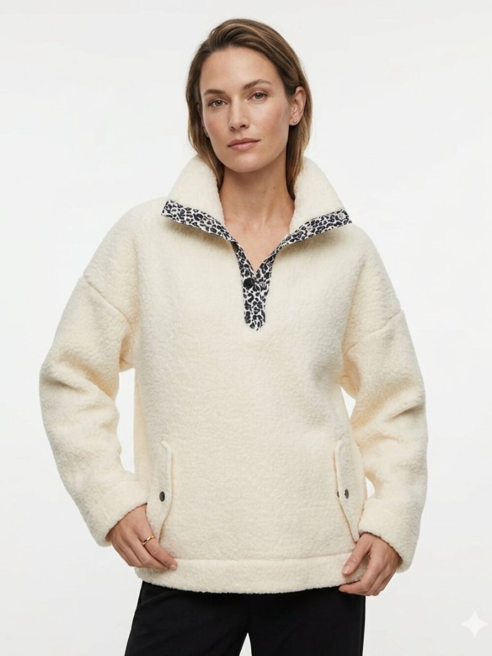 J CREW VINTAGE FLEECE IVORY WHITE SNAP COLLAR LEOPARD TRIM SHERPA PULLOVER - S